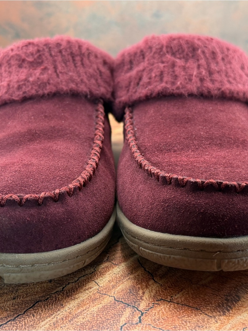 Lands' End Suede Rich Burgundy Plush Faux-Fur Slippers